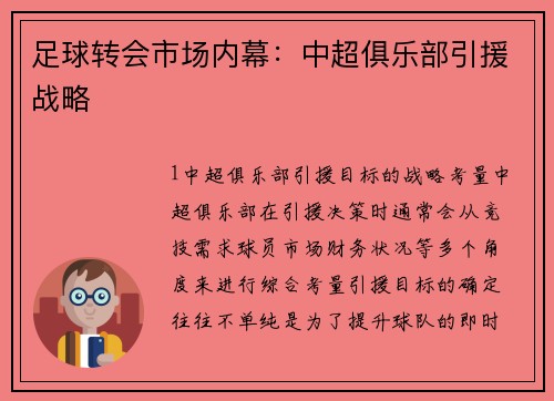 足球转会市场内幕：中超俱乐部引援战略